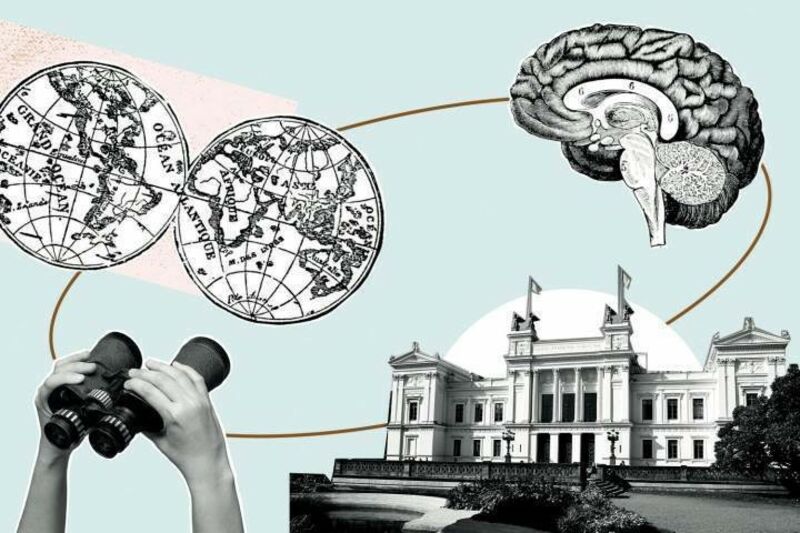 grafisk illustration med bland annat universitetshuset, en kikare och ett genomsnitt av en hjärna. 