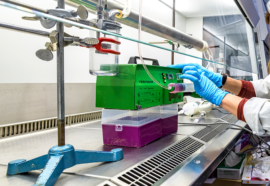 hands reaching for equipment in a laboratory. Photo. 