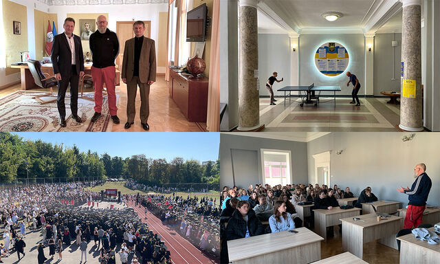 Fotokollage av fyra bilder. En därtre män står tillsammans. En där två personer spelar bordtennis. En där en stor samling personer har samlats utomhus. En där en man står framför en skolsal med studenter.