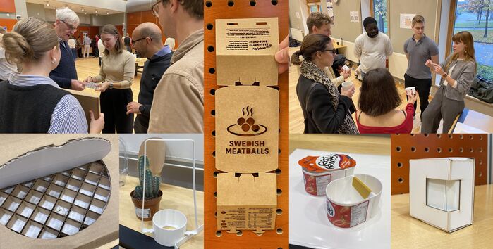 Överst till vänster: Diskussion om konceptet med lättviktspallar. Mitten: bläckfria gravyrer på färdigmatsförpackningar. Överst till höger: Diskussion om en ny förpackning för Risifrutti. Nere till vänster: detaljbild av en lättviktspall och en kaktus-förpackning. Nere till höger: detaljbild av Risifrutti-förpackningen och en förpackning till en elektronikprodukt. Foto: Erik Andersson Fotokollage av förpackningsprototyper. Fotokollage.