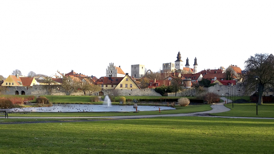 Lunds universitetshus sticker upp i bakgrunden i Visby. Fotomanipulation. 