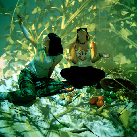 två personer med VR-glasögon sitter med frukt framför sig i ett rum där grönska projiceras på väggar och golv. Foto.  