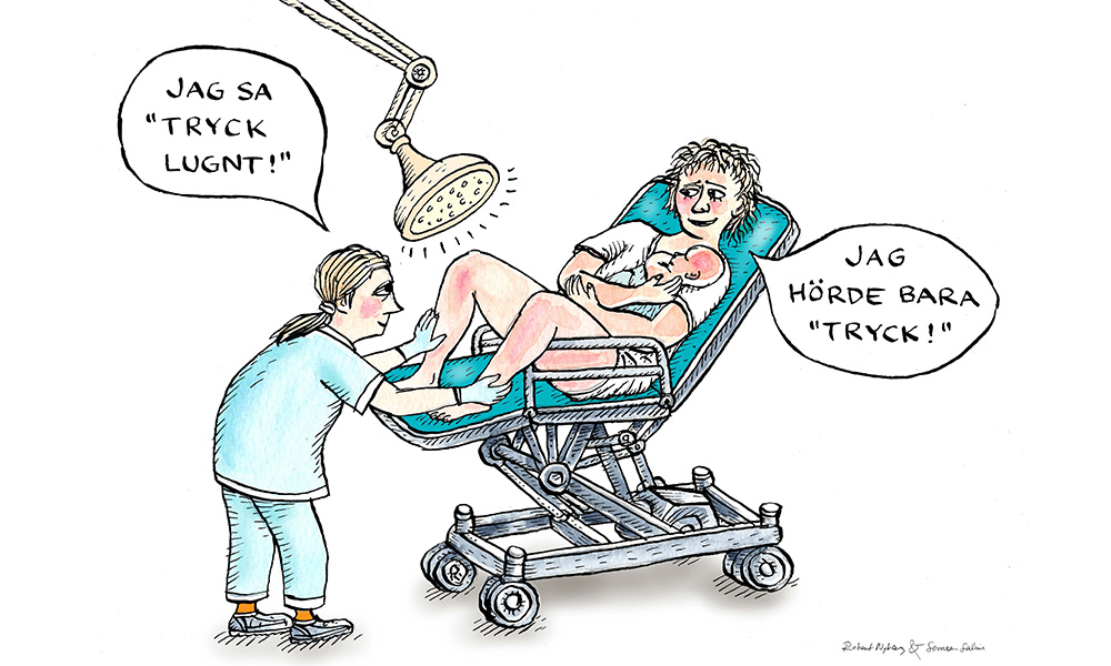 Tecknad bild av en konversation mellan en nyförlöst kvinna och en barnmorska.