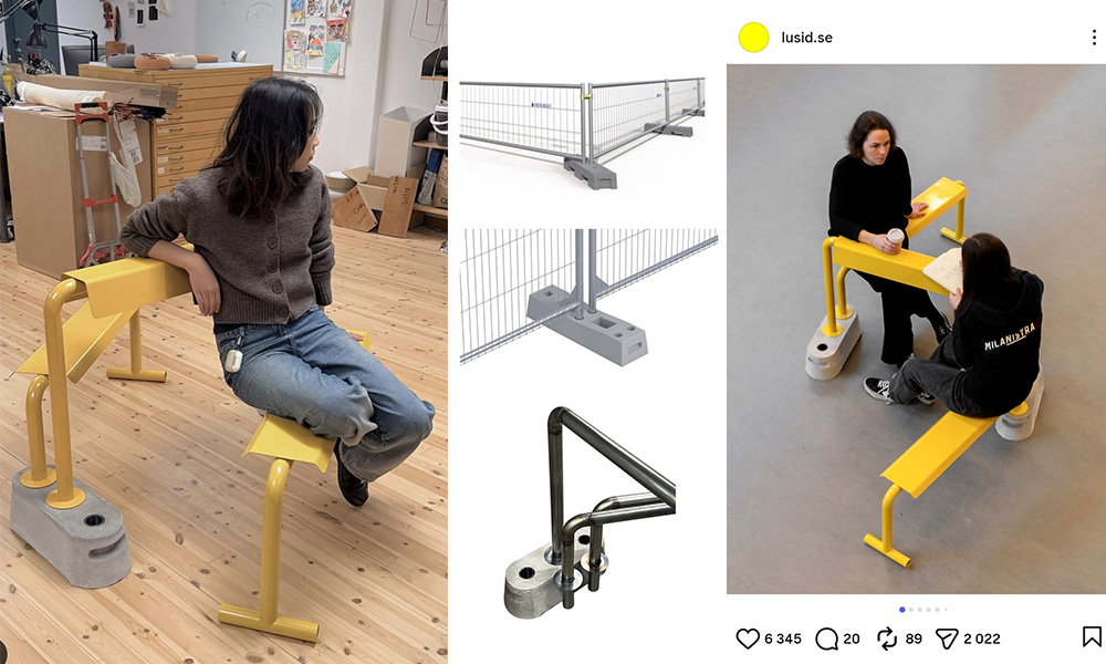Ett fotokollage med en gul bänk, en konstruktionsskiss och personer som använder bänken.