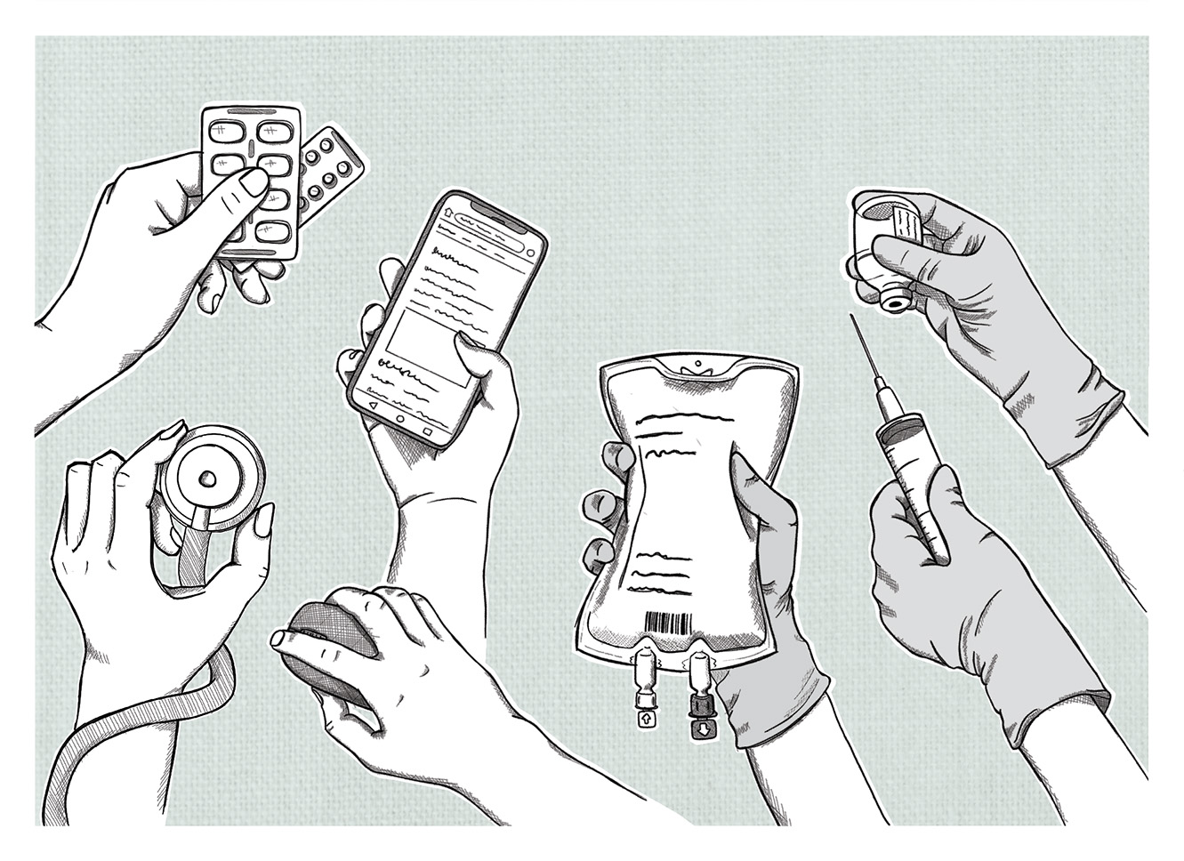 Flera händer håller i olika saker, blister, smartphone, dropp, datormus och spruta. Illustration. 