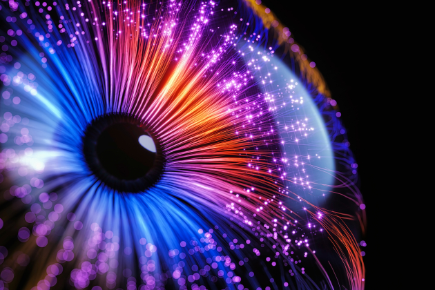 närbild på ett öga där irisen består av ljustrådar. Foto. 
