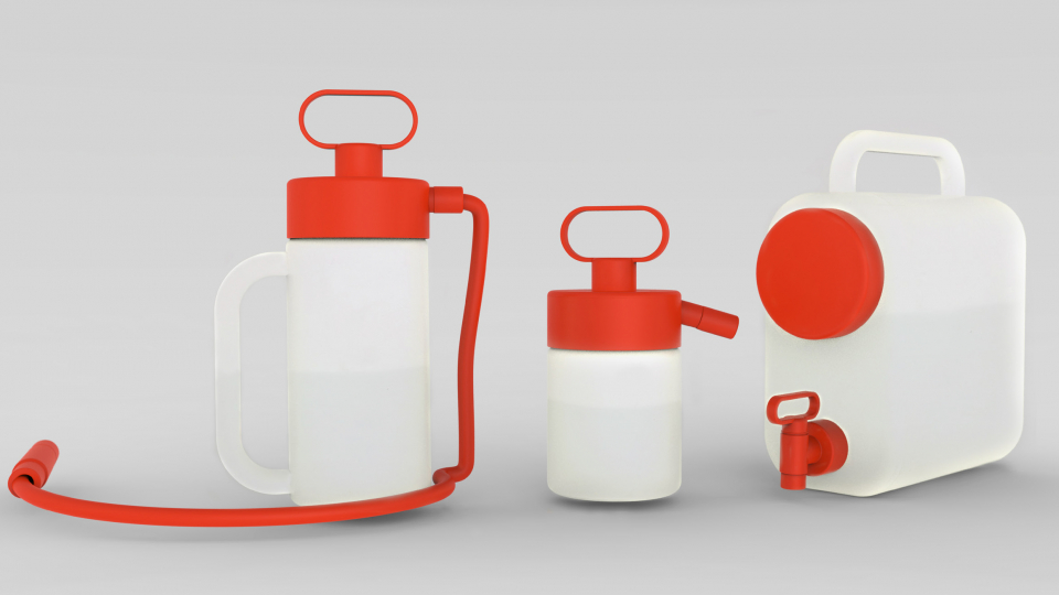 tre vita behållare med röda kranar och korkar. 3D-modell. 