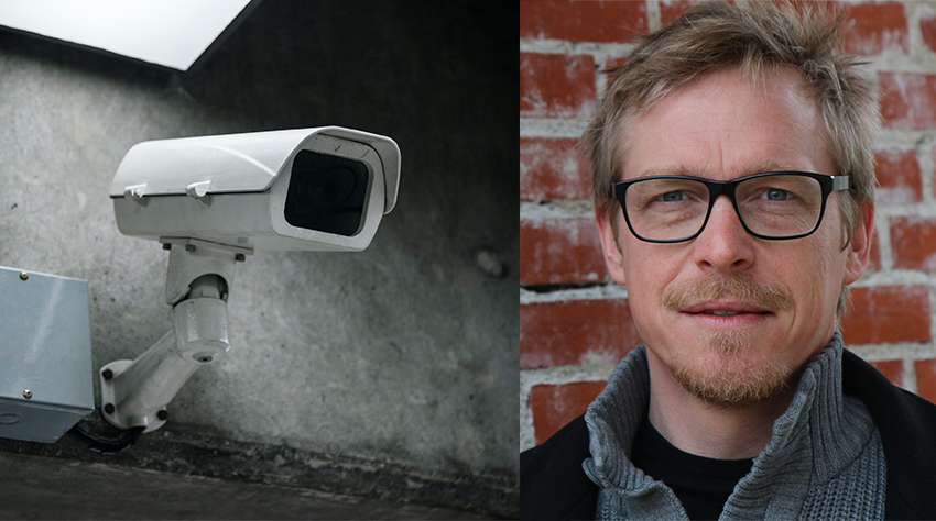 bildcollage med en övervakningskamera på vägg, och Calle Rosengren.