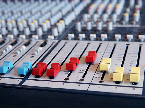 close-up of an audio mixer. Photo. 