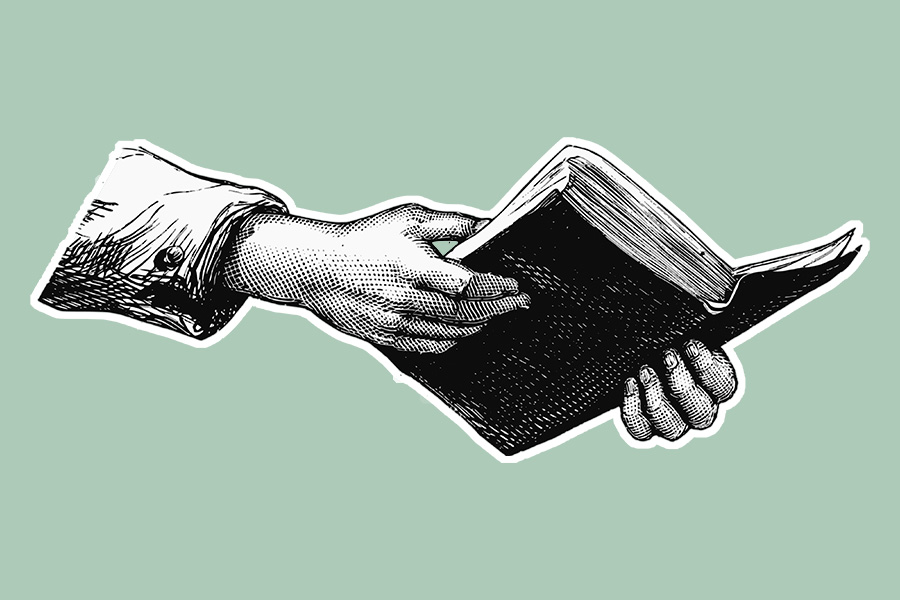 Somebody holding an open book. Illustration. 