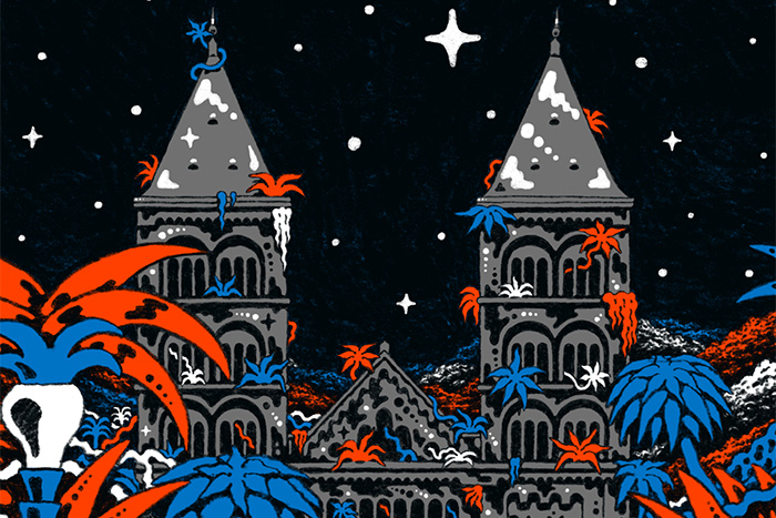 grafisk illustration av domkyrkan i Lund, med blå och röda palmblad. 