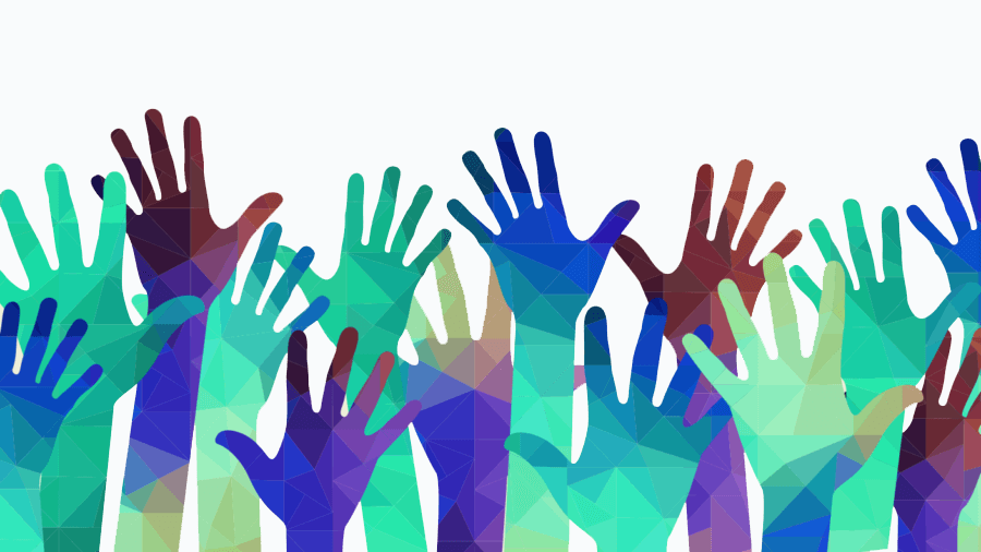 Drawing of raised hands in different colours.