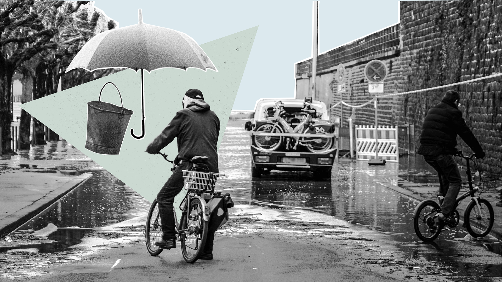 Illustration av regn, översvämning och cyklister.